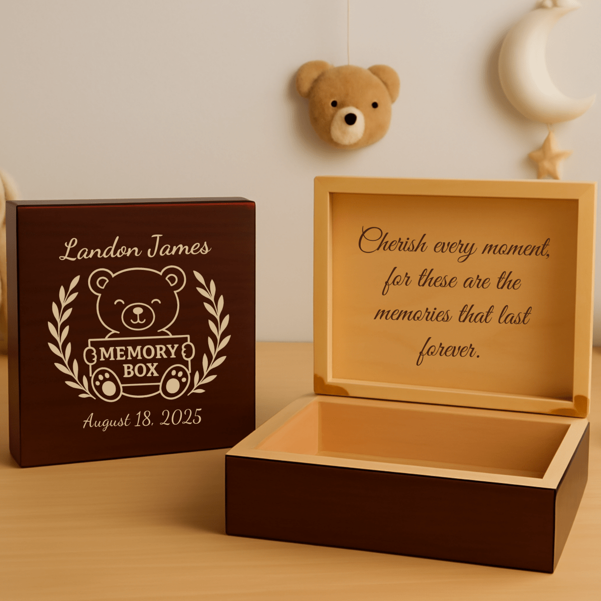 Adorable baby boy keepsake box with engraved teddy bear holding a sign that says "Memory Box", personalized with full name and birthdate.
