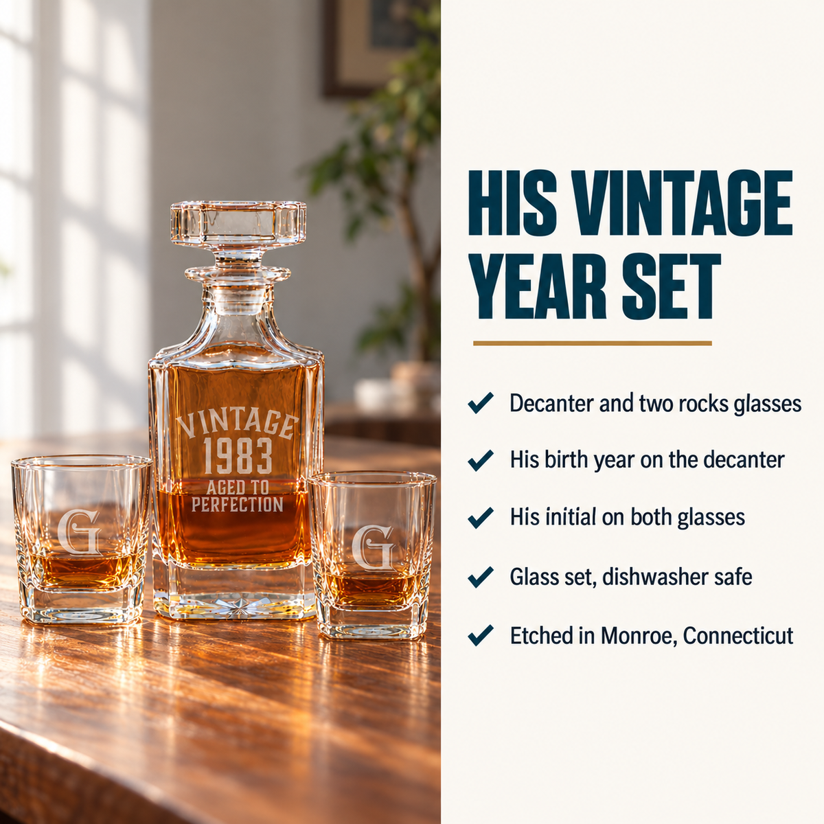 Vintage Birthday Decanter Set details: glass decanter etched with his birth year, two rocks glasses with his initial, dishwasher safe, etched in Connecticut