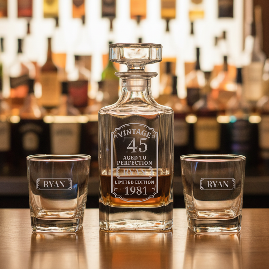 Personalized 45th birthday whiskey decanter engraved Vintage 45 Aged to Perfection, shown on a home bar with two engraved rocks glasses