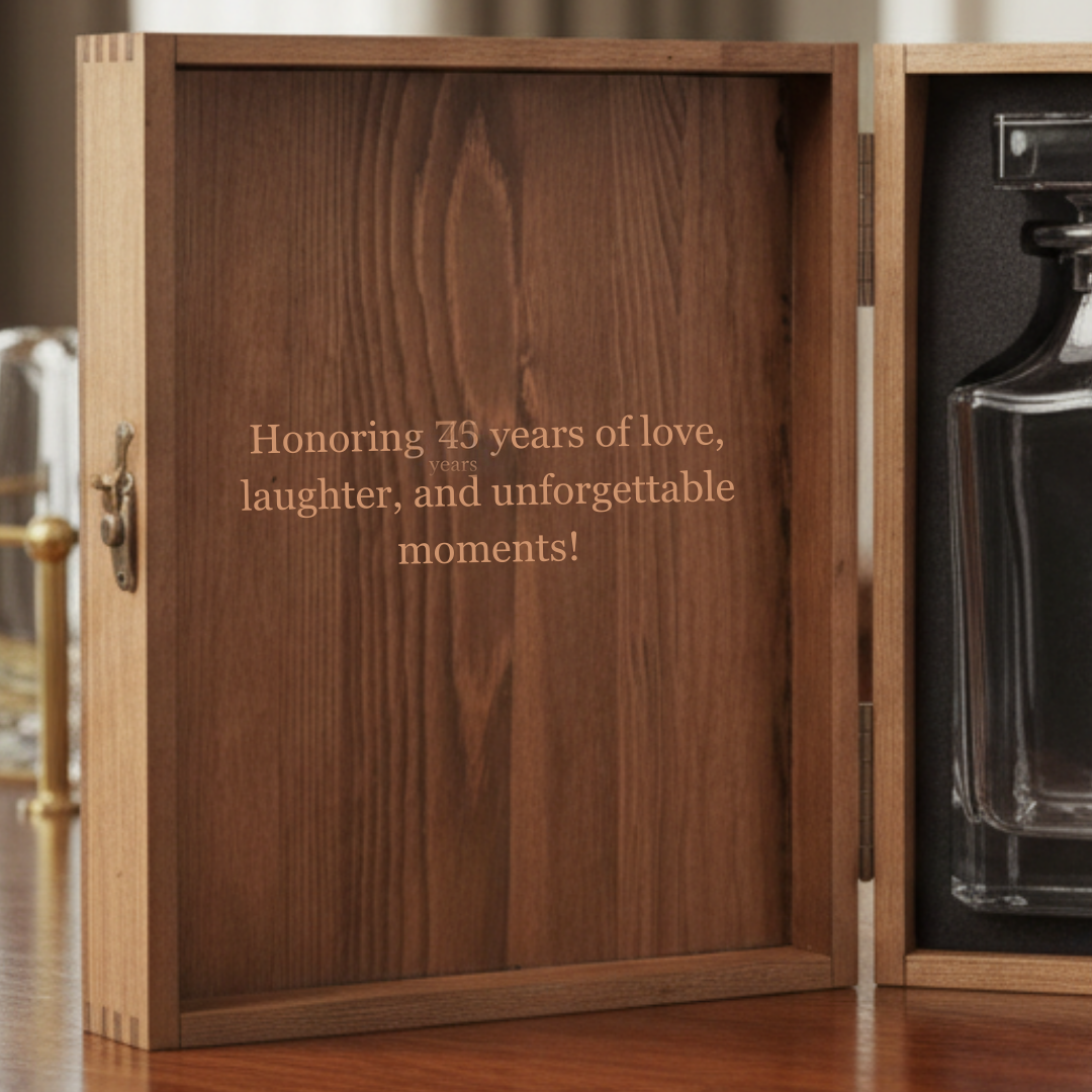 Handcrafted pine gift box lid engraved Honoring 45 years of love laughter and unforgettable moments for the personalized 45th birthday decanter set