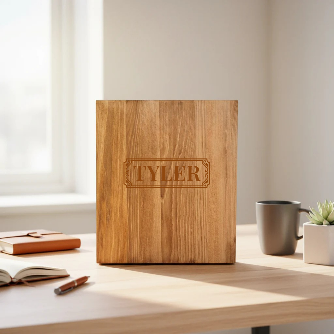 Closed handcrafted pine keepsake box for the personalized 45th birthday whiskey decanter set, engraved on the front with a sample name