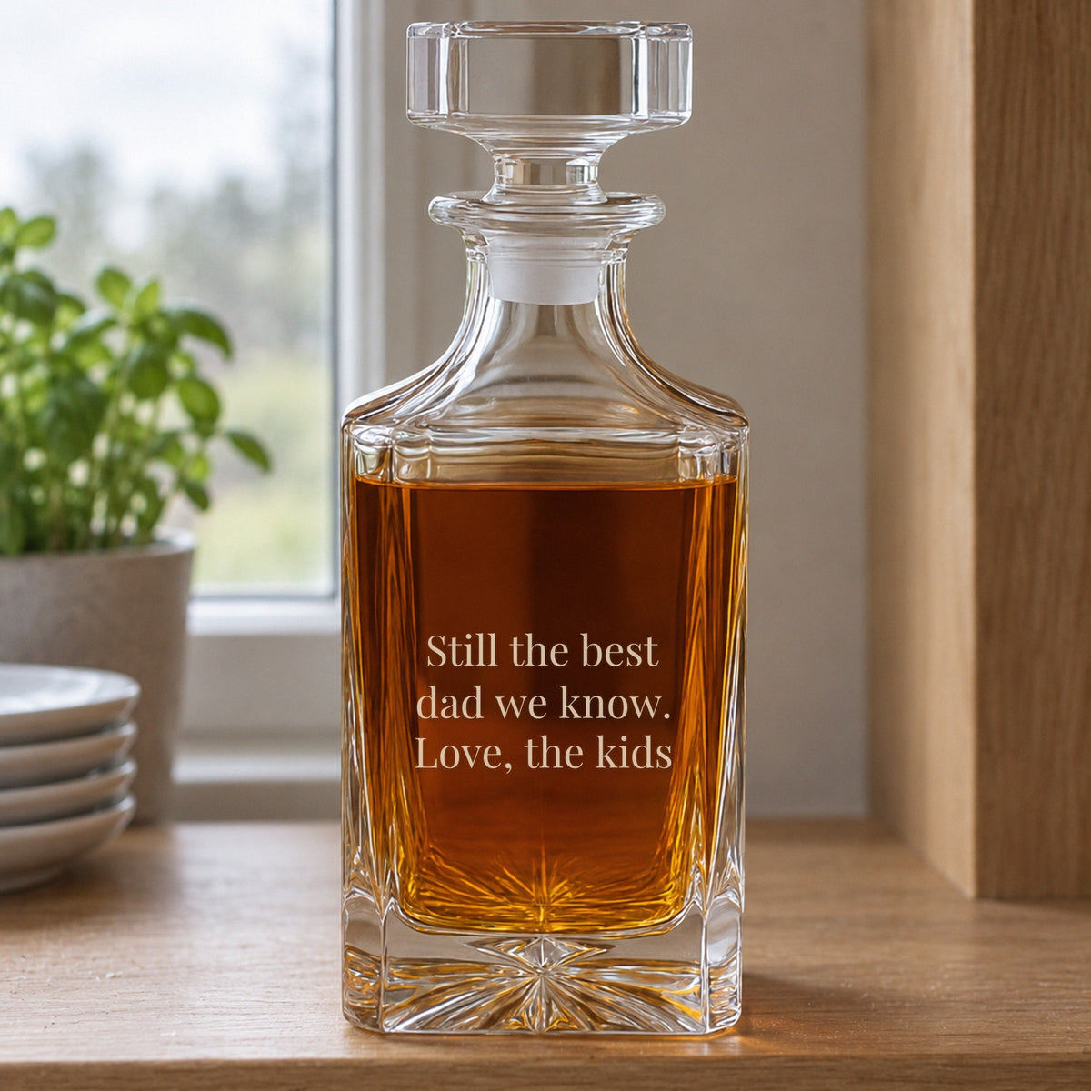 Back of the engraved 45th birthday decanter with the message Still the best dad we know, Love, the kids, a 45th birthday gift for dad