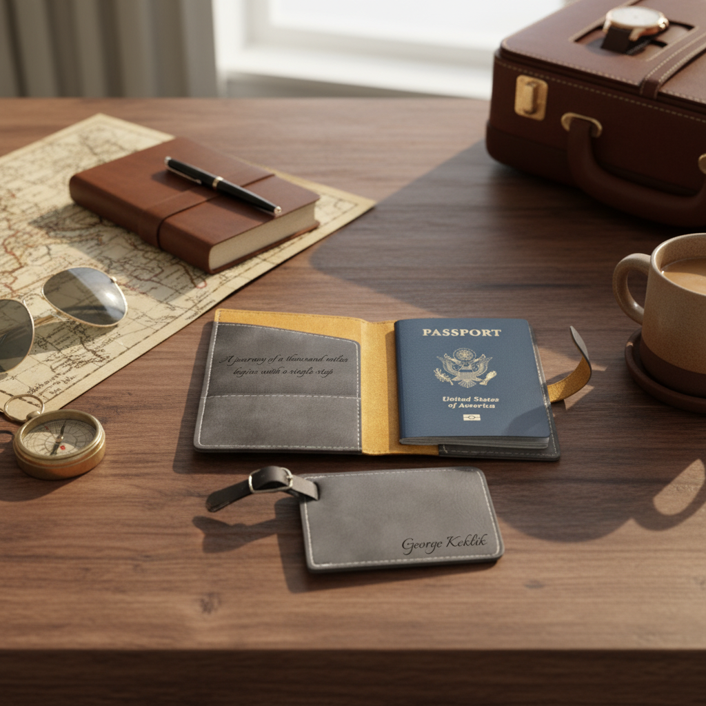 Passport cover with sample engraving "George Keklik" displayed open with blue U.S. passport, alongside matching engraved luggage tag on wooden desk with travel accessories