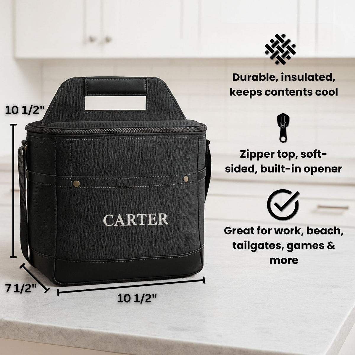 Custom insulated cooler bag for soccer coach with personalized name and durable handle on kitchen counter