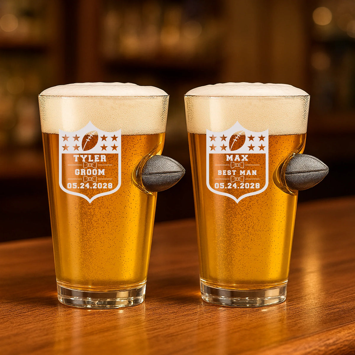 Custom football-themed groomsmen pint glass with engraved name, role, and wedding date