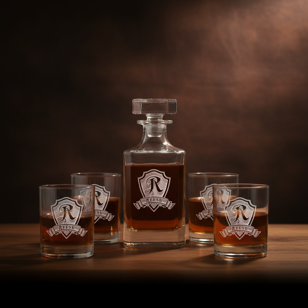 Decanter set with sample personalization showing shield emblem engraved with initial "R" and "REESE" on decanter and four matching whiskey glasses filled with amber liquid