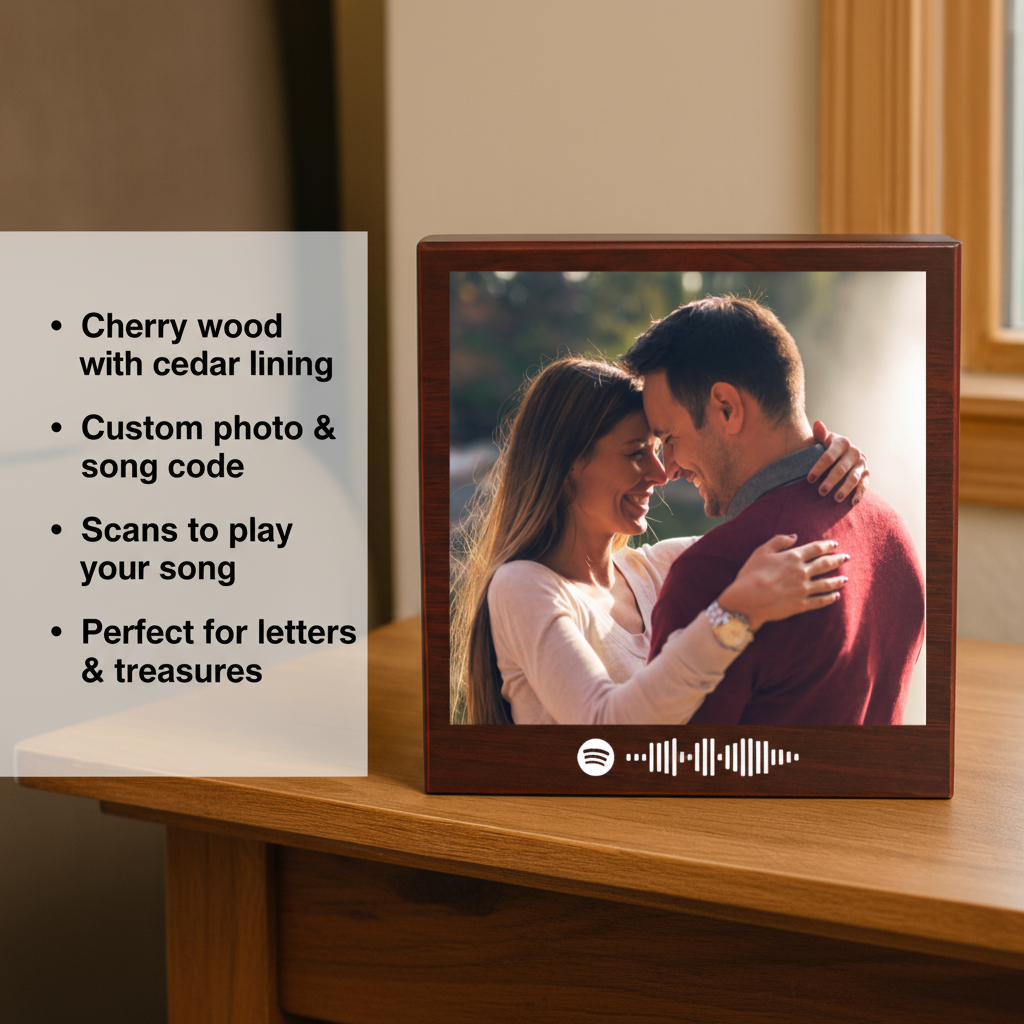Cherry wood keepsake box with sample photo display and Spotify song code scannable graphic on front panel