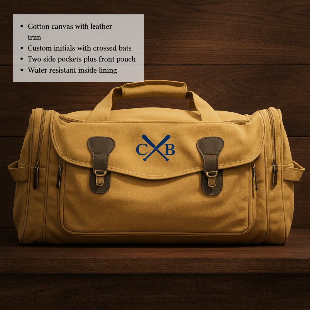 Tan canvas duffle bag with dark brown leather trim and handles, personalized with sample initials "C.B" embroidered in blue above crossed bats motif on front flap