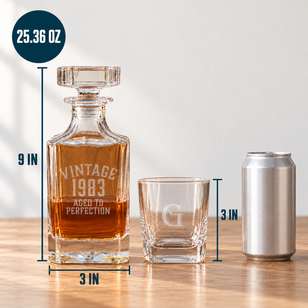  Size of the Vintage Birthday Decanter Set: 25.36 oz decanter 9 inches tall on a 3 inch base, with a 3 inch rocks glass and a 12 oz can for scale