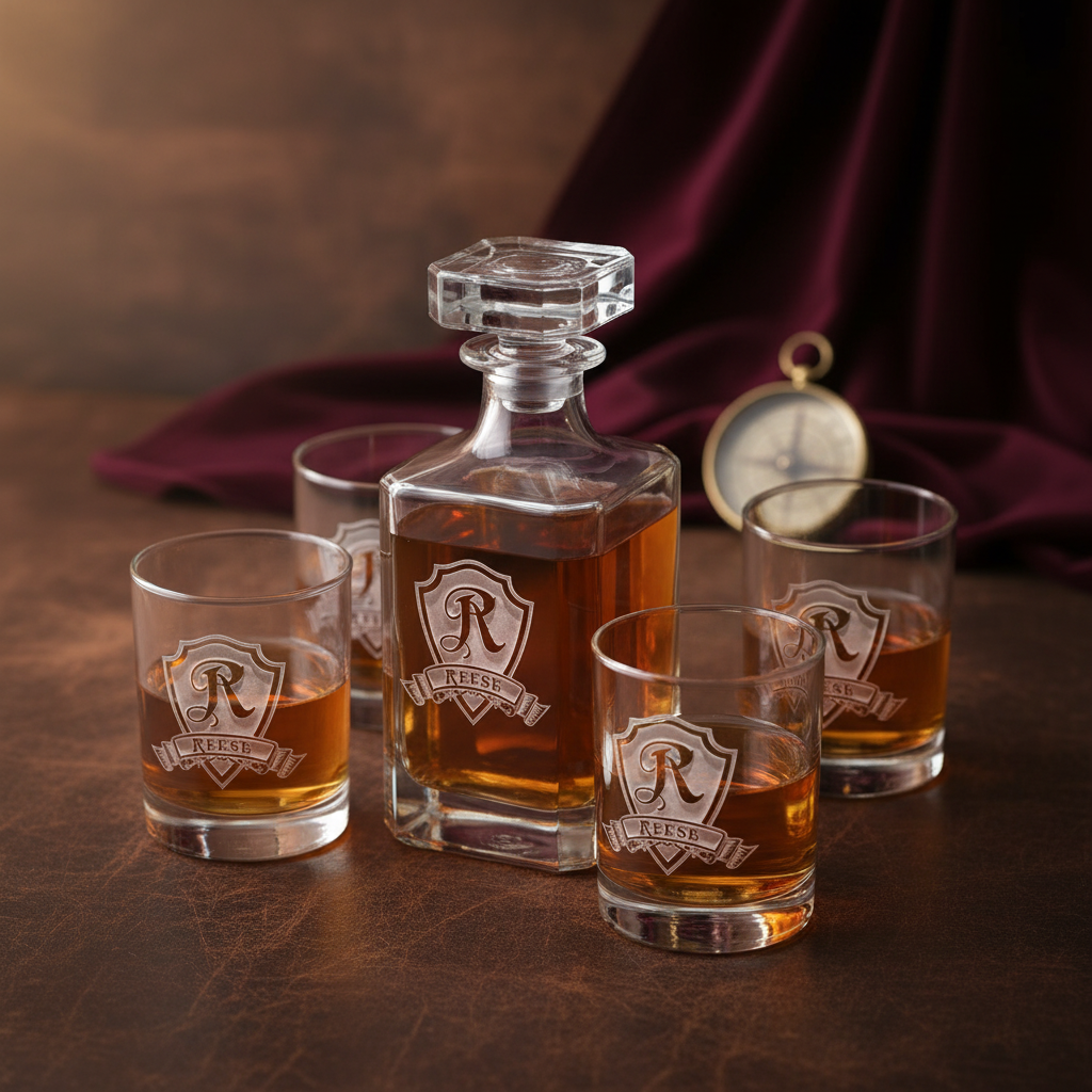 Whiskey decanter with stopper and three matching glasses, each engraved with sample shield design and initial "R" with "REESE" text, filled with amber liquid