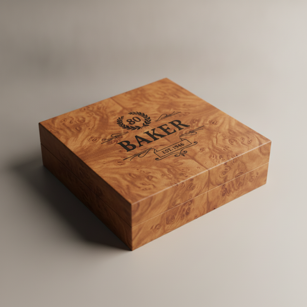 Personalized 80th birthday keepsake box in burl wood with a clearly engraved name and year crest, a unique gift for an 80 year old man