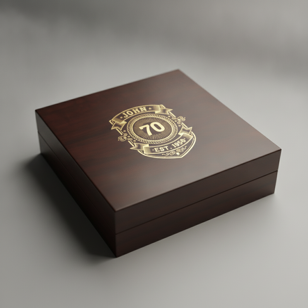 Personalized 70th birthday wooden keepsake box with a gold engraved crest and custom name and year, shown on a softly spotlit studio surface highlighting the dark cherry finish