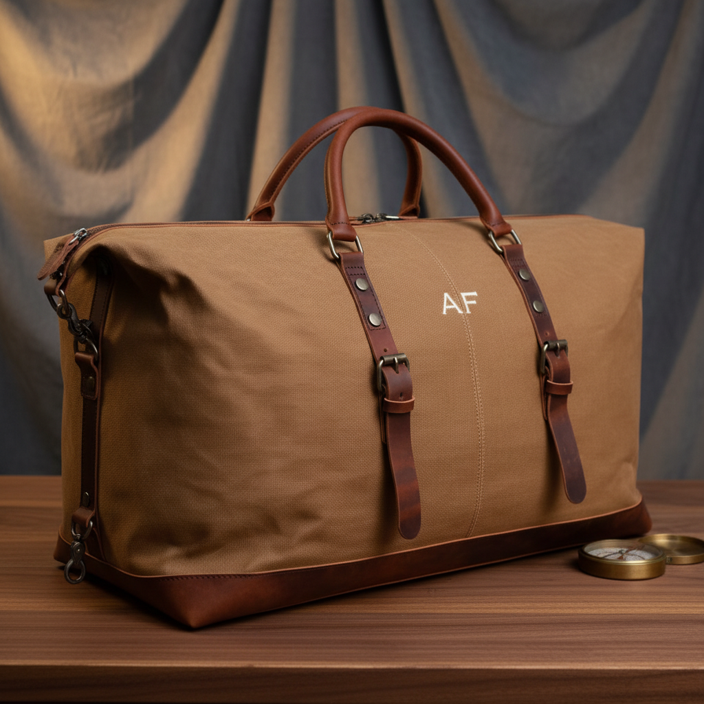Tan waxed canvas duffle bag with cognac leather handles and trim, monogrammed with sample initials "AF" on front panel, displayed on wooden surface