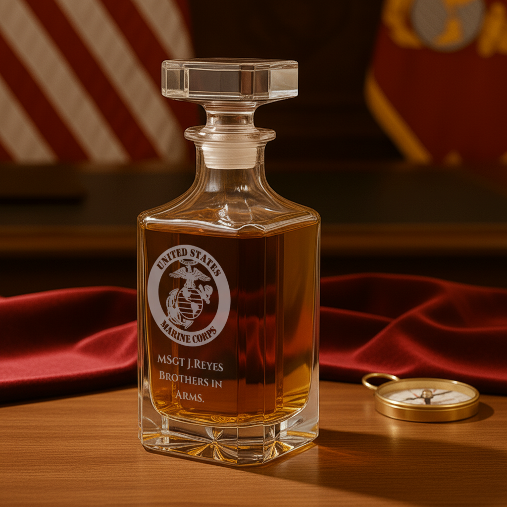 Crystal whiskey decanter engraved with United States Marine Corps emblem and sample text "MSGT J. REYES BROTHERS IN ARMS", filled with amber liquid, displayed on wooden surface with compass and red fabric.