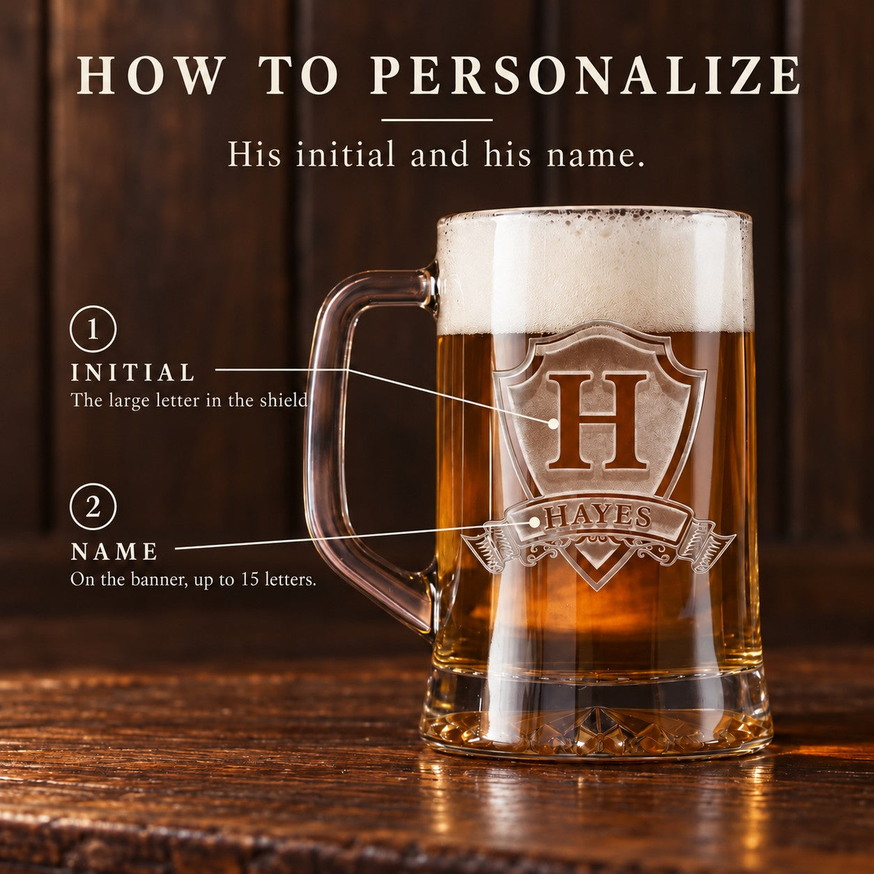 How to personalize the beer mug: type his initial for the shield and his name for the banner, up to 15 letters, shown as H and HAYES.