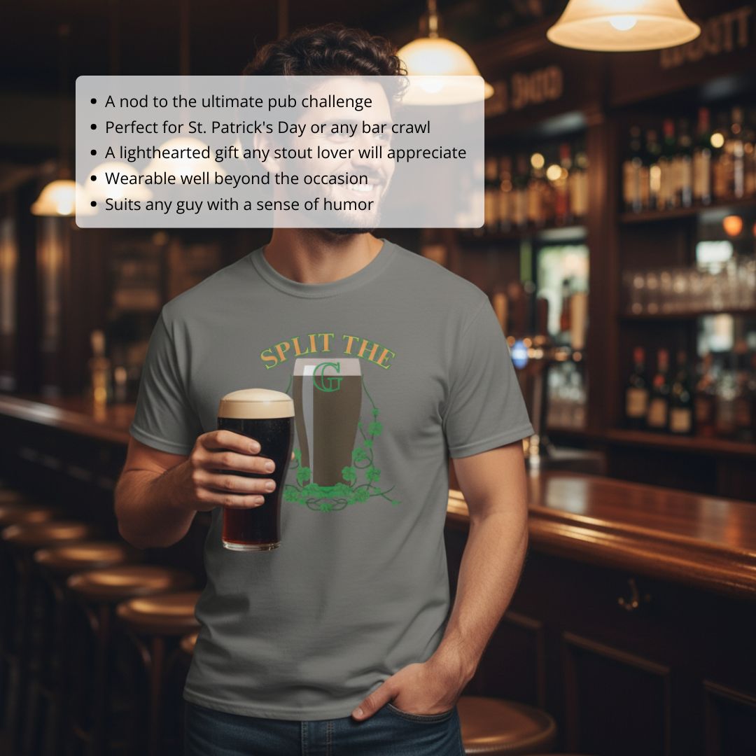 Gray t-shirt with "Split the G" graphic featuring beer glass and pint illustration in gold and green, modeled in pub setting
