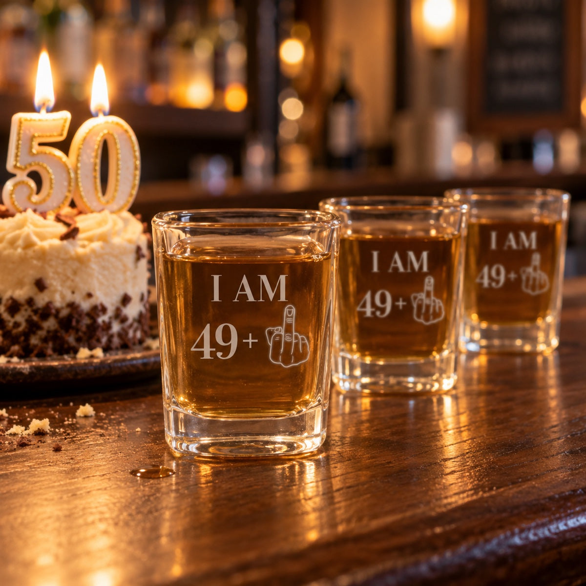 Three 50th birthday shot glasses engraved I AM 49 plus lined up on a bar beside a birthday cake with lit 50 candles