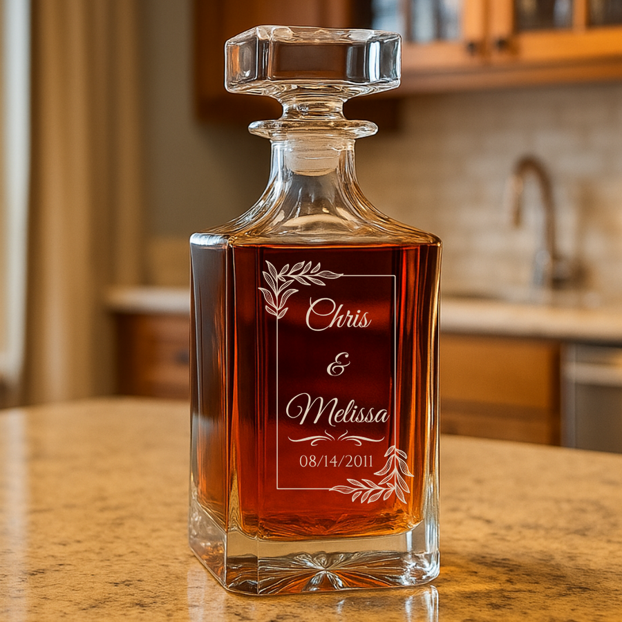 Handcrafted pine wooden chest with a custom message engraved inside the lid, holding the crystal anniversary decanter and glasses.