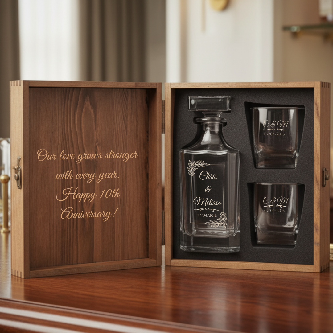 Decade Vow 10th anniversary decanter set with a personalized whiskey decanter, two engraved crystal glasses, and a pine keepsake box, a 10 year anniversary gift for him.