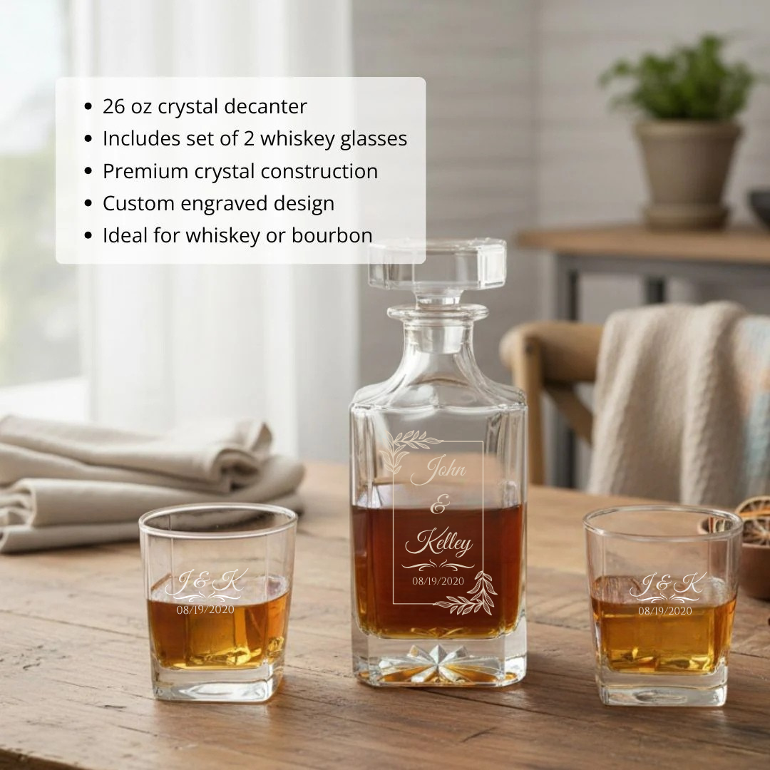 7 year anniversary decanter set on a kitchen counter with two poured glasses, listing the 26 ounce crystal decanter and engraved construction.