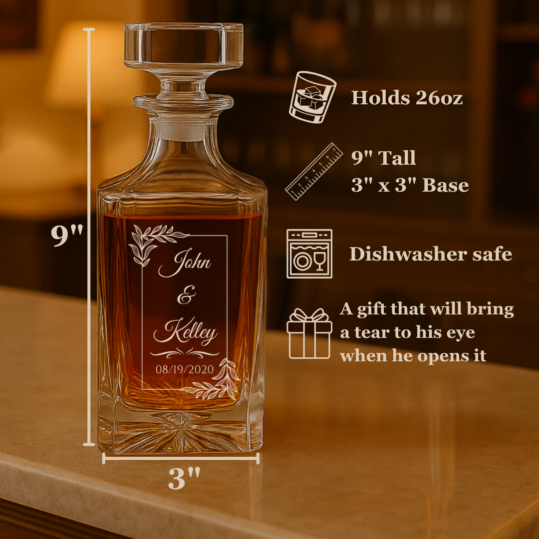 Engraved crystal decanter from the 7 year anniversary gift set, shown with its 9 inch height and 26 ounce capacity, personalized with the couple's names and date.