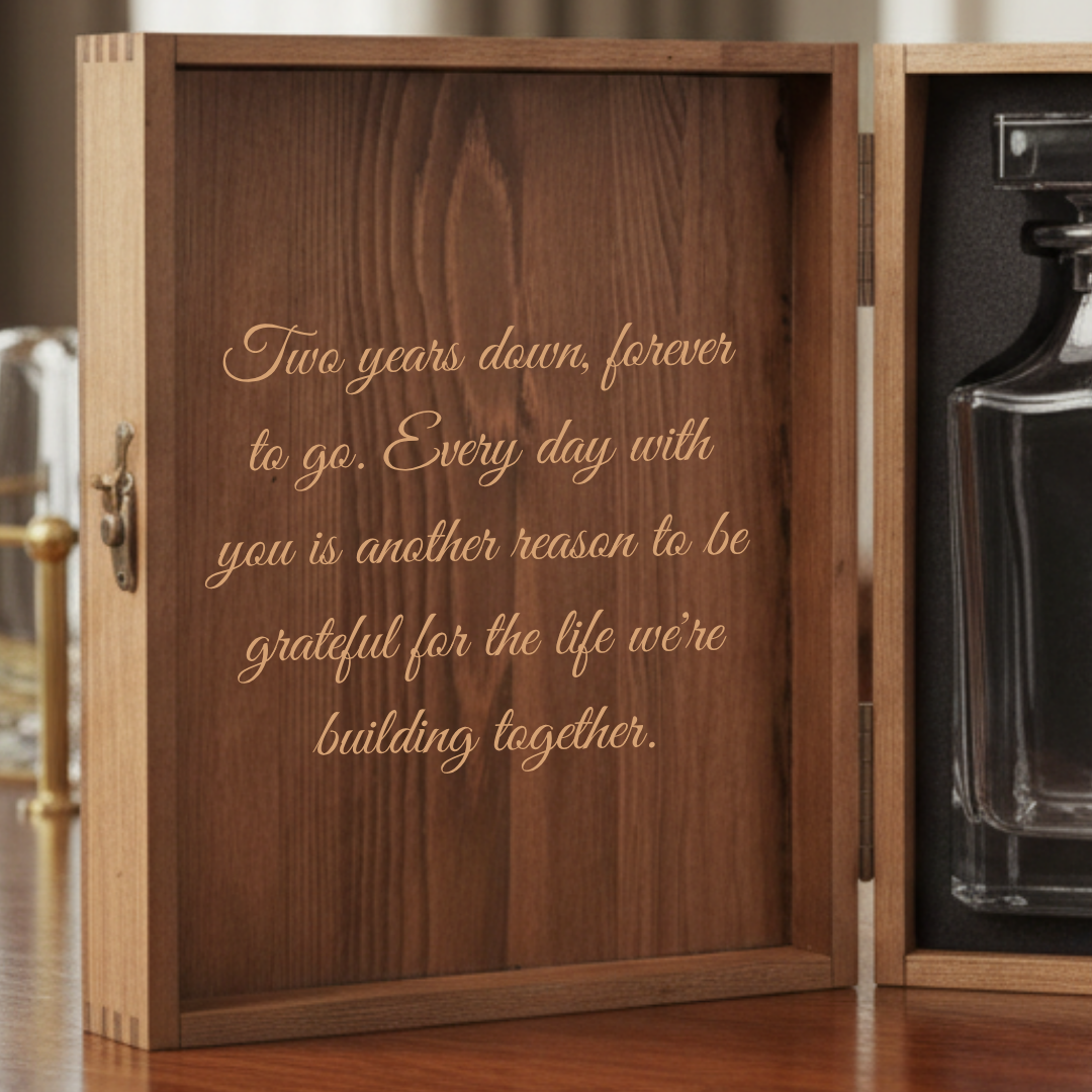 Close-up of the private message engraved inside the lid of the 2 year anniversary decanter box, the personalization the couple reads every time they open it.
