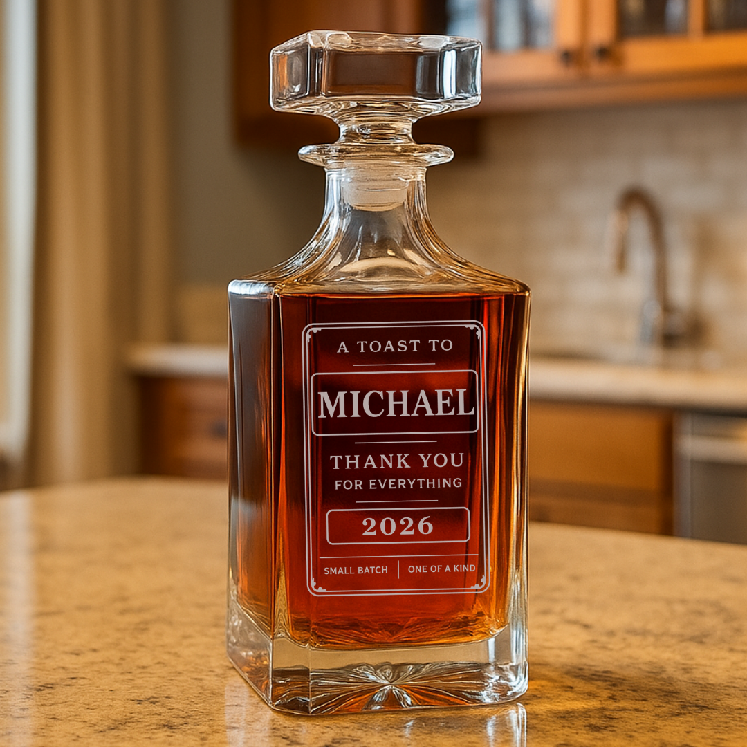 Close-up of the personalized thank you whiskey decanter, laser engraved with a name, the words thank you for everything and the year on the front panel.