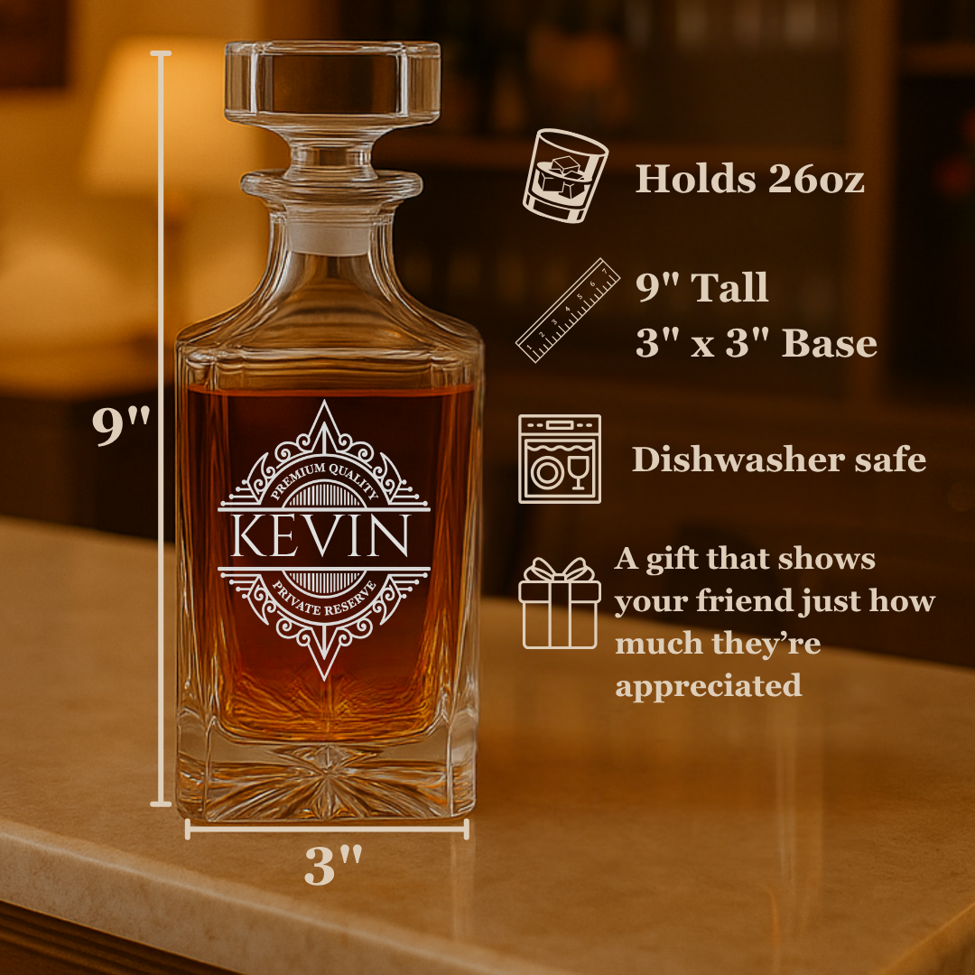 Two personalized decanters with engraved ornamental diamond design and sample name "KEVIN", alongside product specifications and gift messaging copy