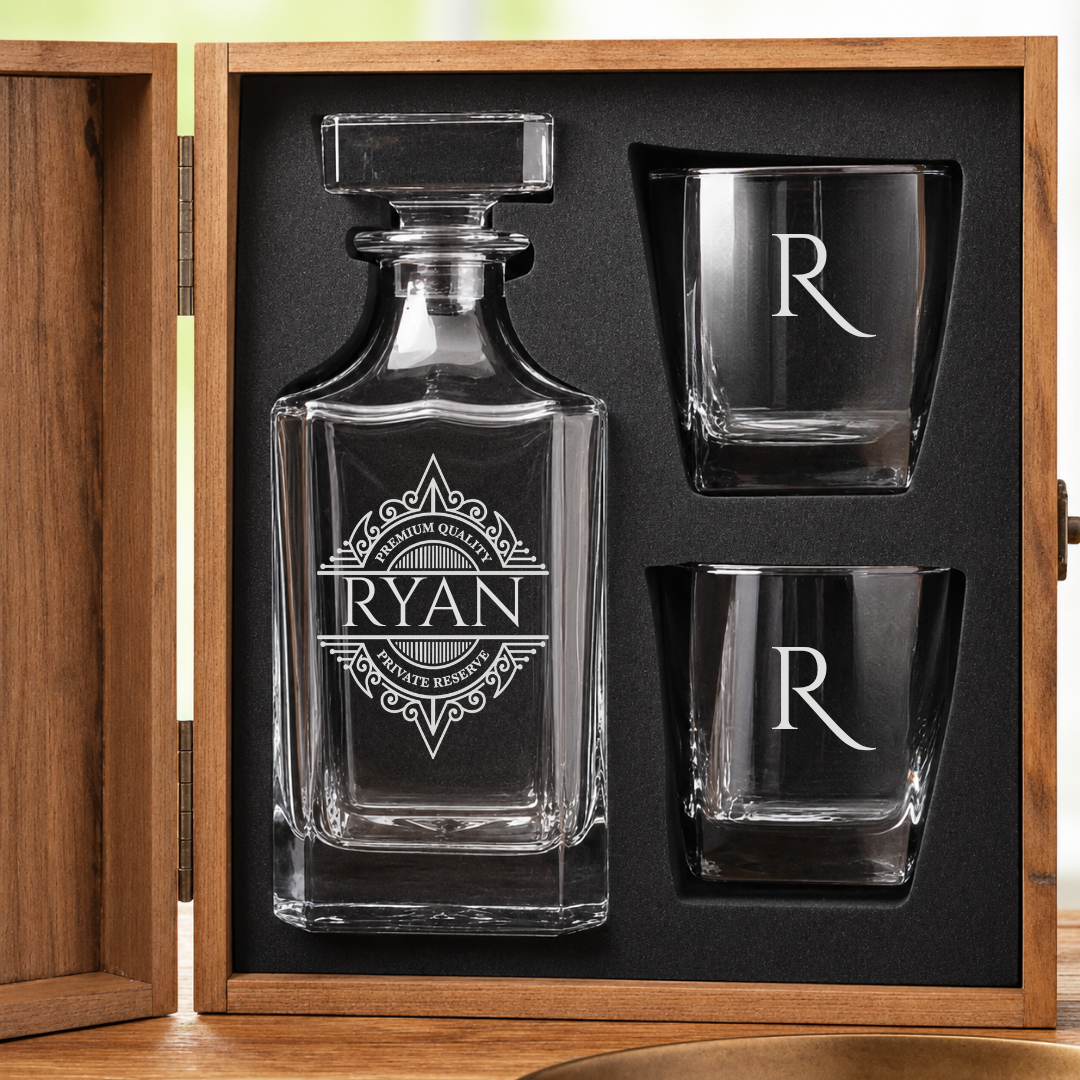 Wooden box with personalized glass decanter engraved "Ryan" and two matching rocks glasses etched with "R" monogram sample