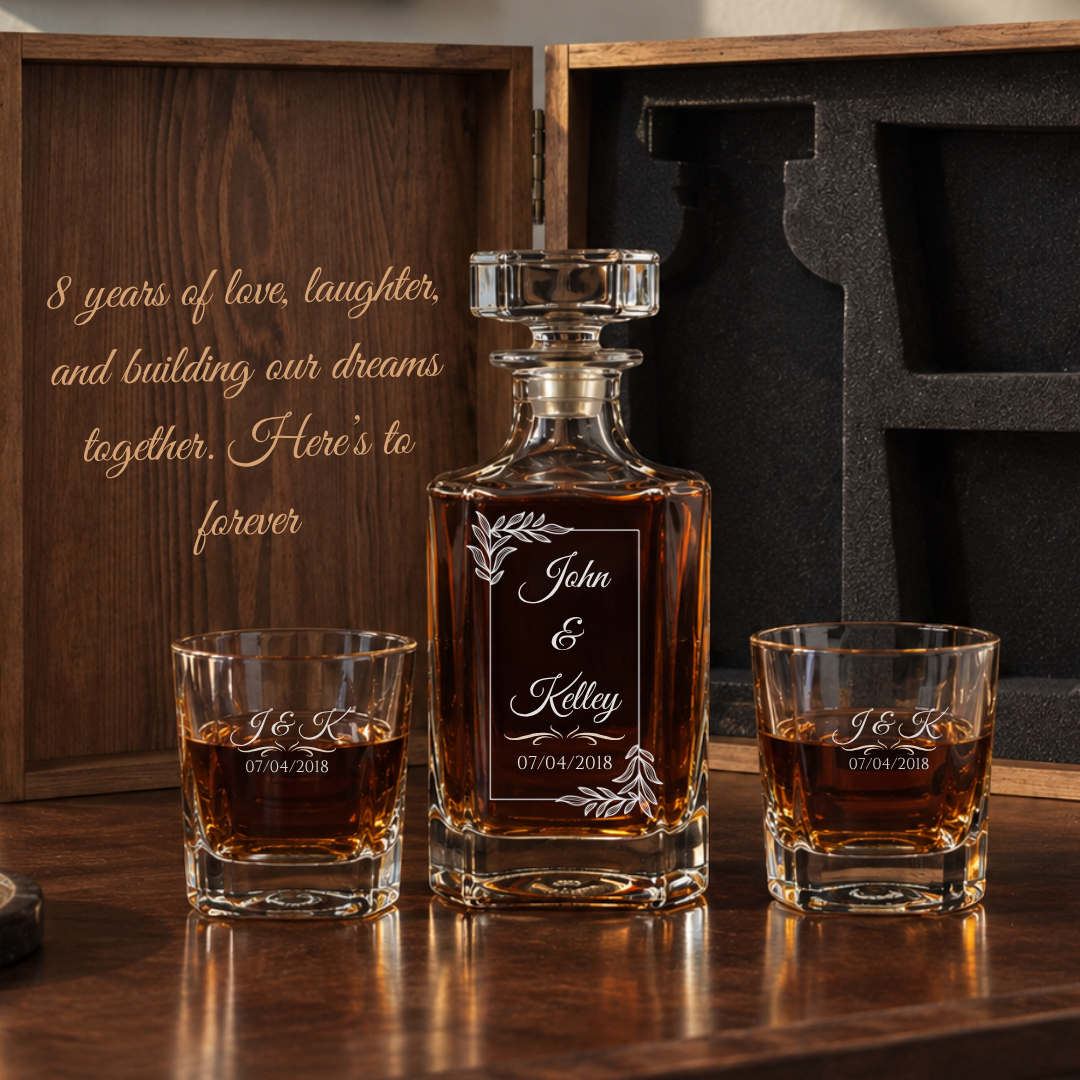 8th Anniversary Gift for Husband - Personalized Whiskey Decanter Set