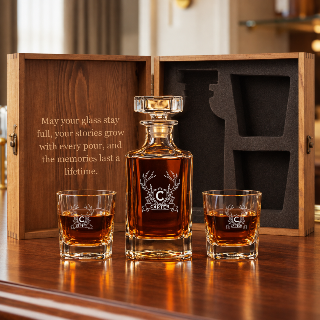 Personalized whiskey decanter set with box: antler crest decanter and two engraved glasses beside a wooden box with a toast engraved in the lid