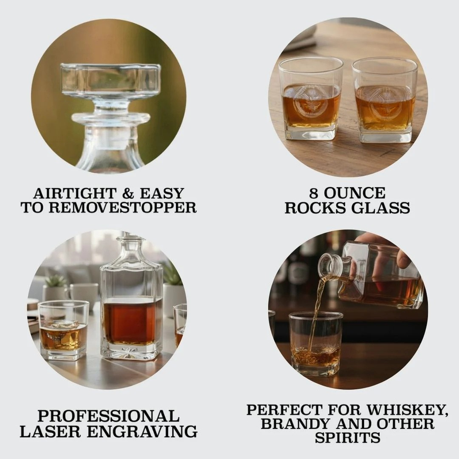Four-panel feature grid showing airtight stopper design, 8-ounce rocks glasses with sample engraving, decanter with matching glass, and pouring whiskey into personalized glass