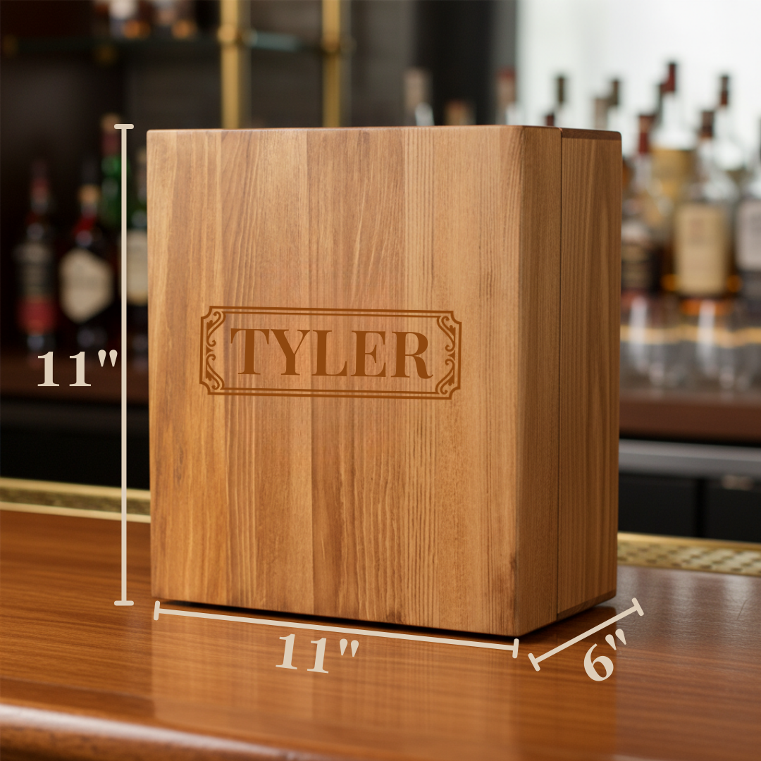 Dimensions of the personalized birthday whiskey decanter gift box: 11 inches tall by 11 inches wide by 6 inches deep