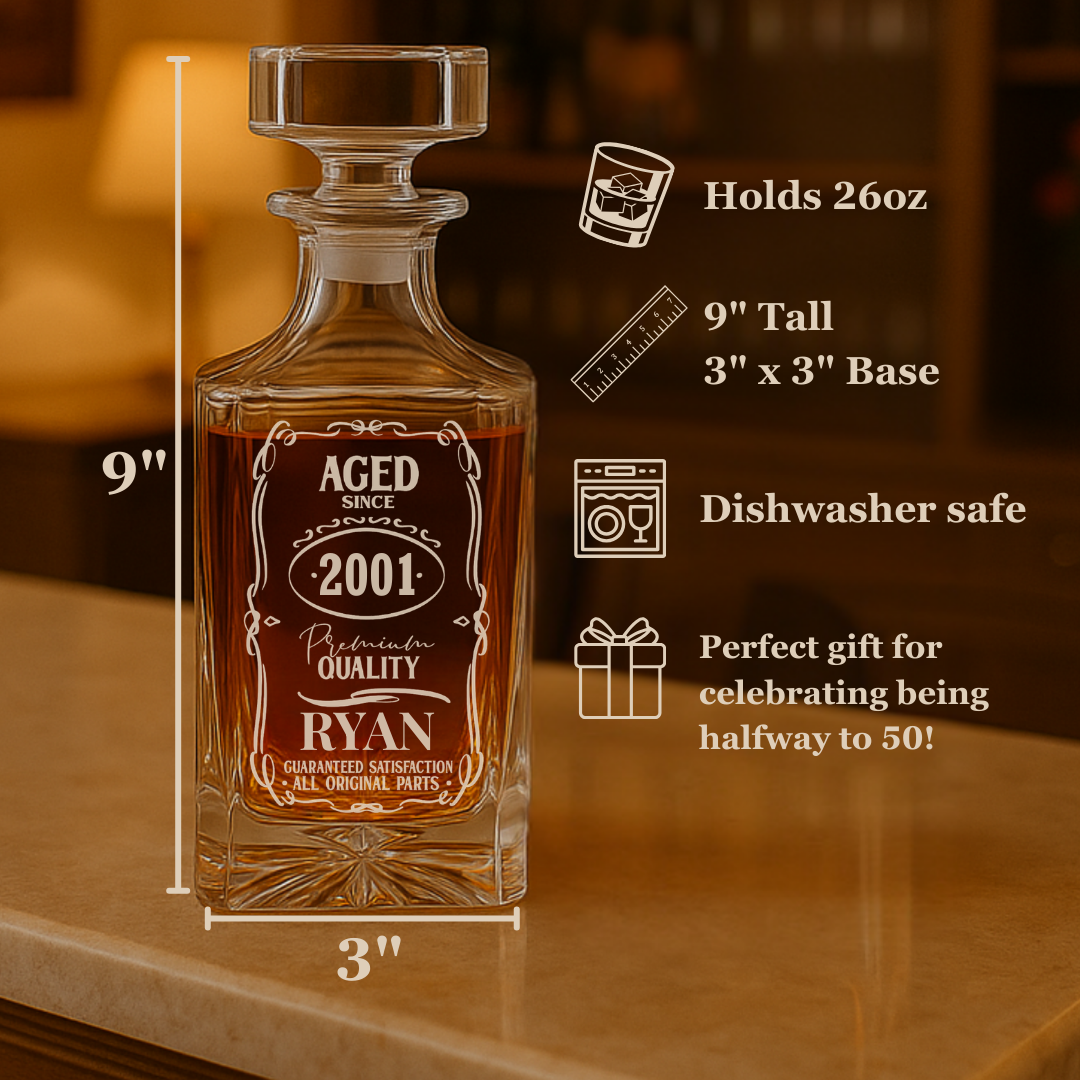 Crystal whiskey decanter with stopper, engraved sample design reading "Aged Since 2001" with name "Ryan," shown with capacity and dimension specifications