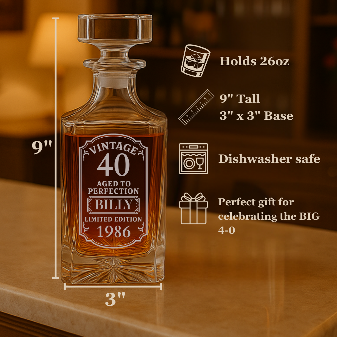 Crystal whiskey decanter engraved with sample text "Vintage 40 Aged to Perfection Billy Limited Edition 1986," filled with amber liquid, displayed with dimension and feature specifications