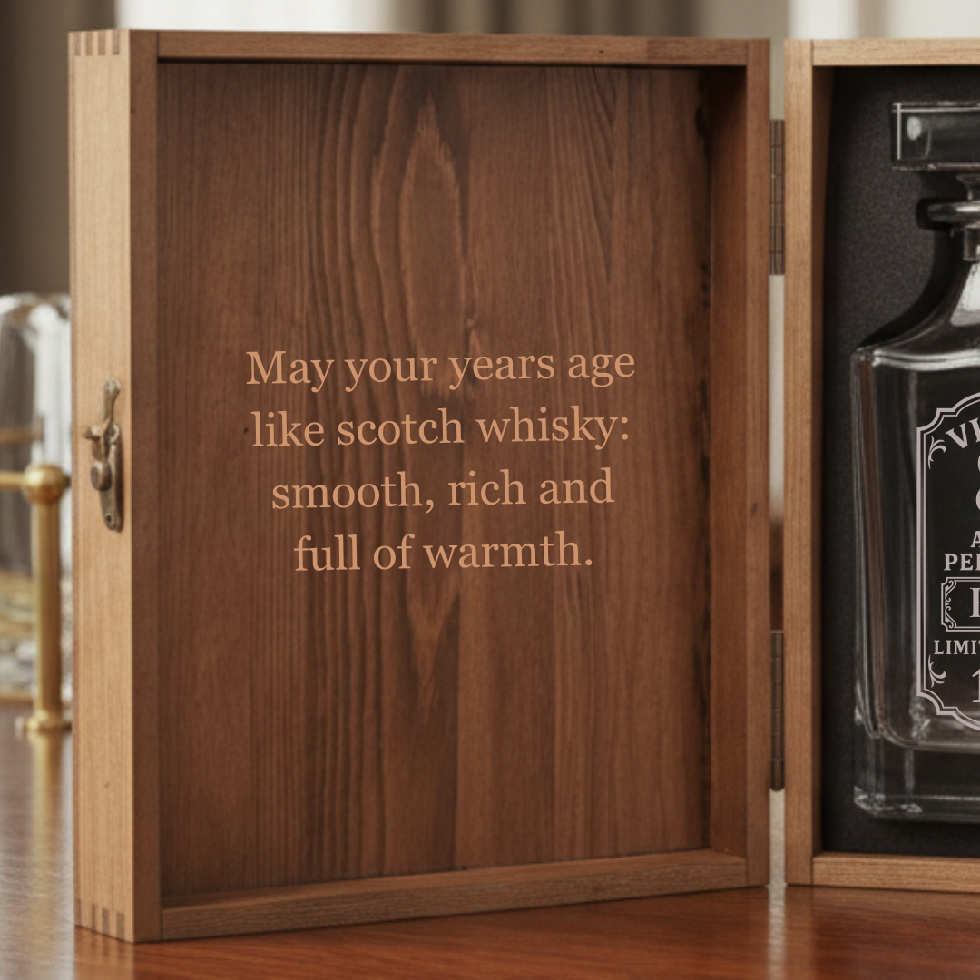 Wooden decanter box with engraved message reading "May your years age like scotch whisky: smooth, rich and full of warmth," paired with whiskey bottles inside