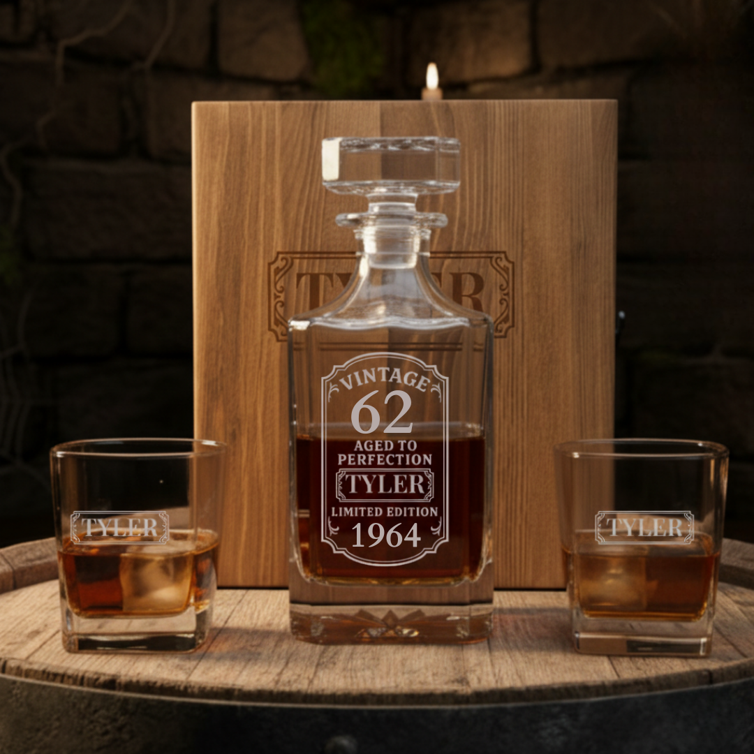 Whiskey decanter set with personalized name example "TYLER" laser-etched on crystal decanter and two matching glasses, displayed in wooden presentation box with vintage 1964 limited edition design