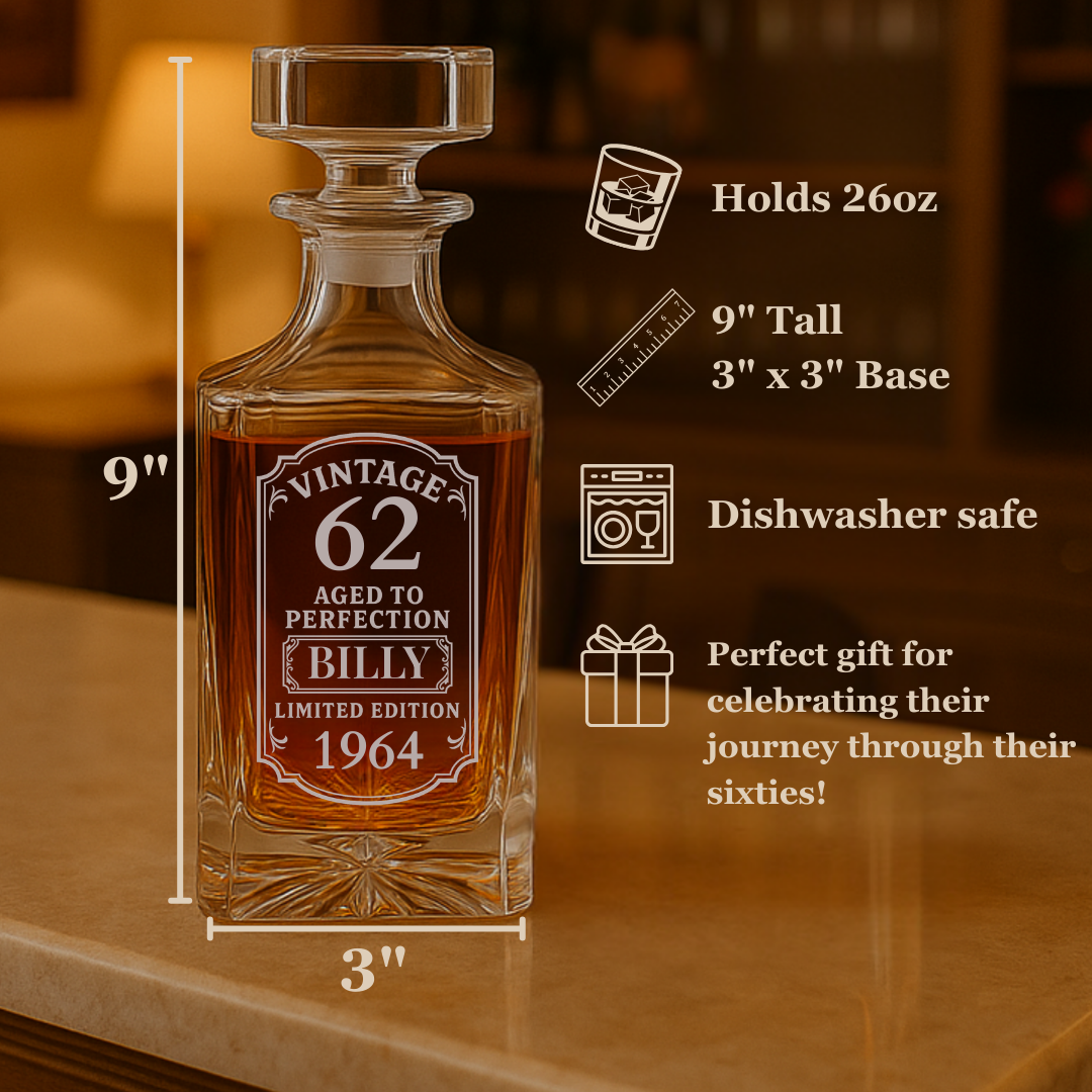 Crystal decanter with sample engraving reading "Vintage 62 Aged to Perfection Billy Limited Edition 1964" filled with amber liquid, shown with dimensions and product specifications.