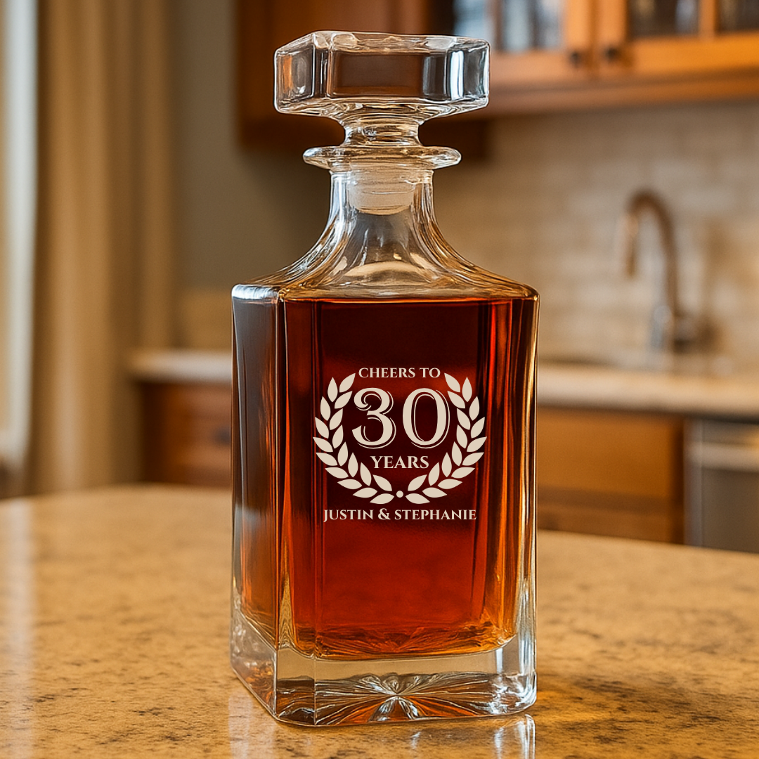 Crystal decanter filled with amber liquor, engraved with sample design "Cheers to 30 Years" laurel wreath motif and names "Justin & Stephanie