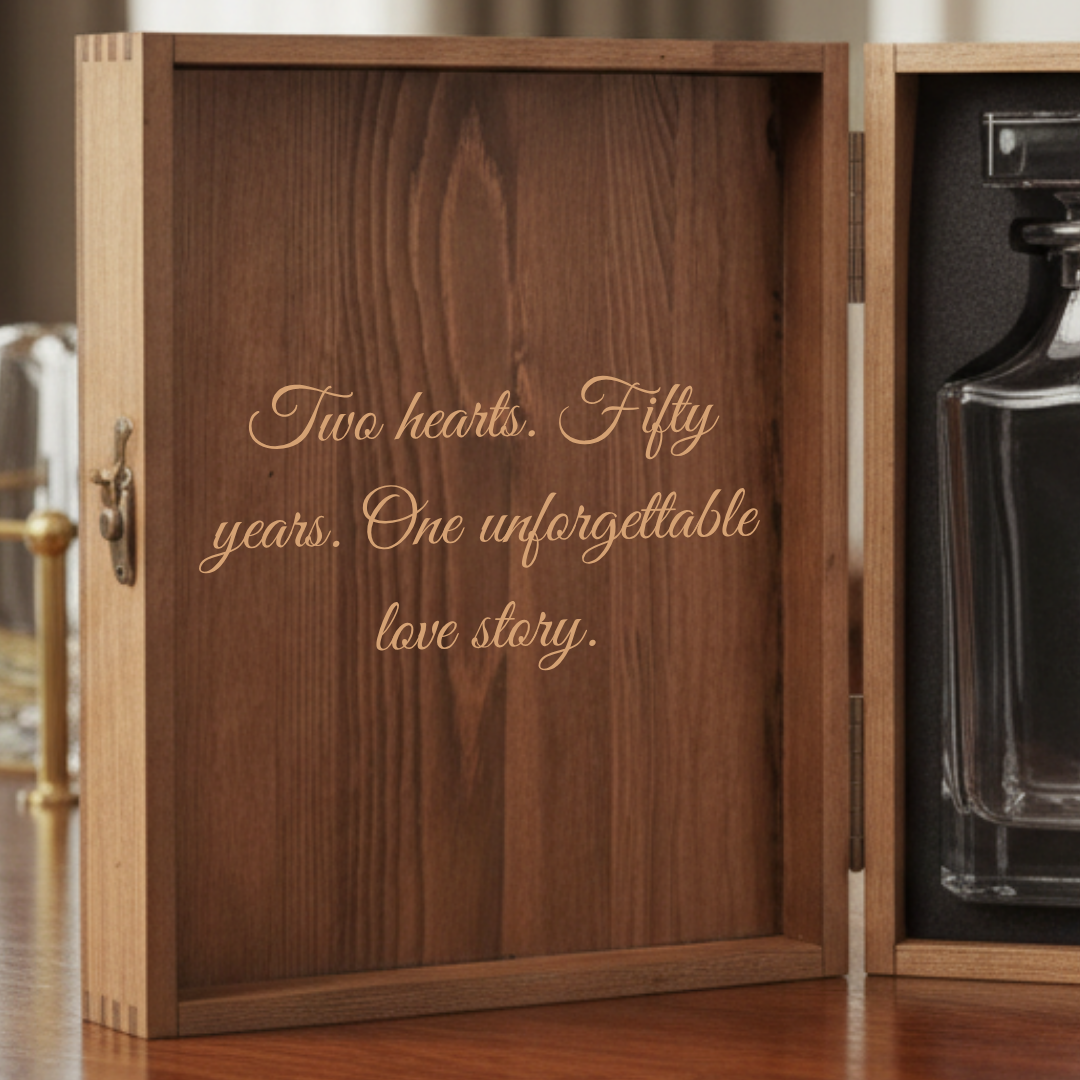 Wooden decanter chest with open lid displaying laser-engraved message "Two hearts. Fifty years. One unforgettable love story." in cursive script