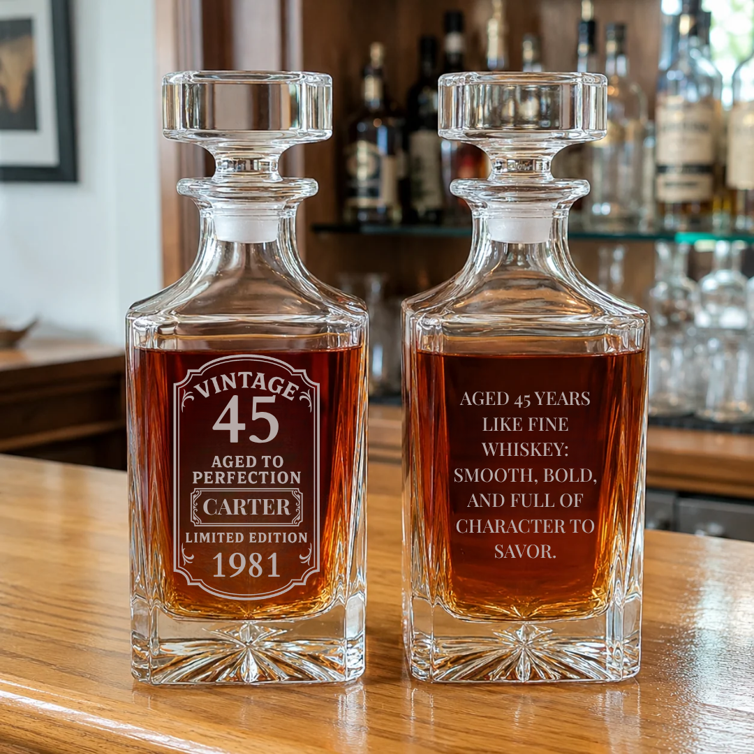 Pair of engraved whiskey decanters with sample personalization showing "Vintage 45," "Carter," birth year "1981," and aging message on front and back.