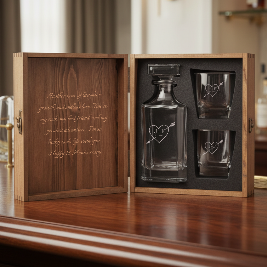 Personalized whiskey decanter and glasses set in a wooden box with a custom message in box and heart engraved on glassware with initials