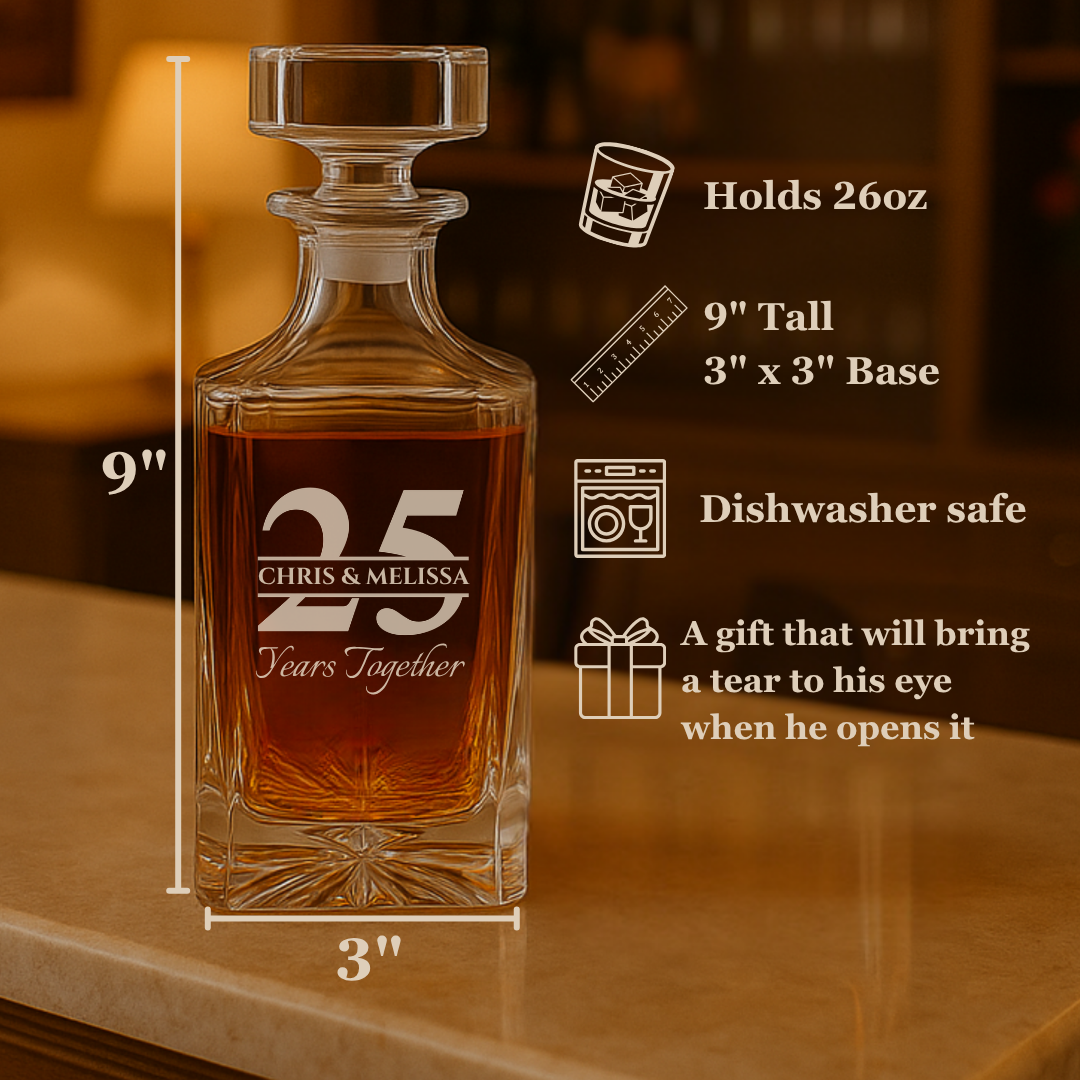 Crystal whiskey decanter filled with amber liquid, engraved with sample personalization "25 CHRIS & MELISSA Years Together," displayed with dimensions and product specifications.