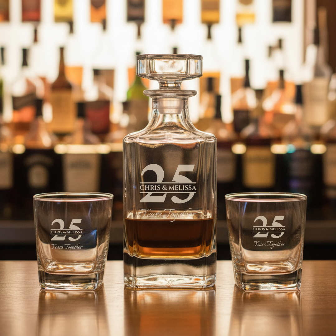 Personalized decanter set with sample engraving "CHRIS & MELISSA 25 Years Together" on decanter and matching whiskey glasses, filled with bourbon, displayed on bar counter