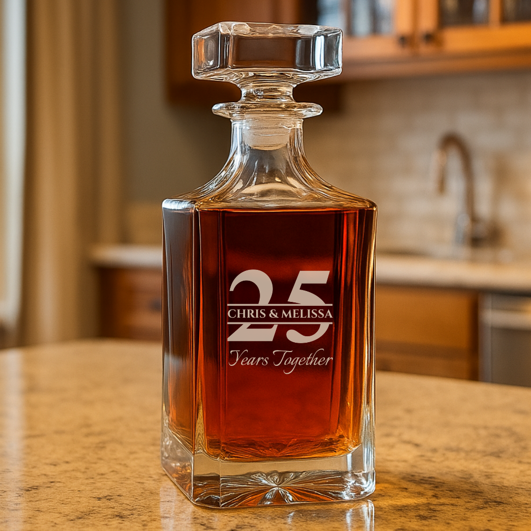 Crystal decanter filled with amber liquid, engraved with sample personalization reading "25 CHRIS & MELISSA Years Together" on front face