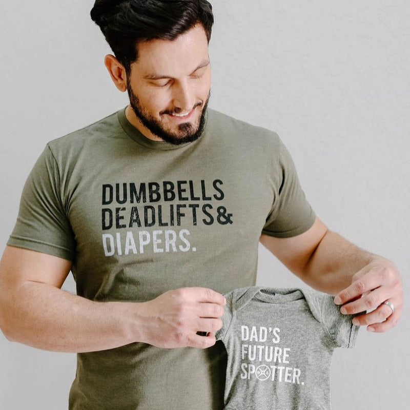 Black Triple D dad shirt with “Dumbbells, Deadlifts & Diapers” print, cotton-poly blend.