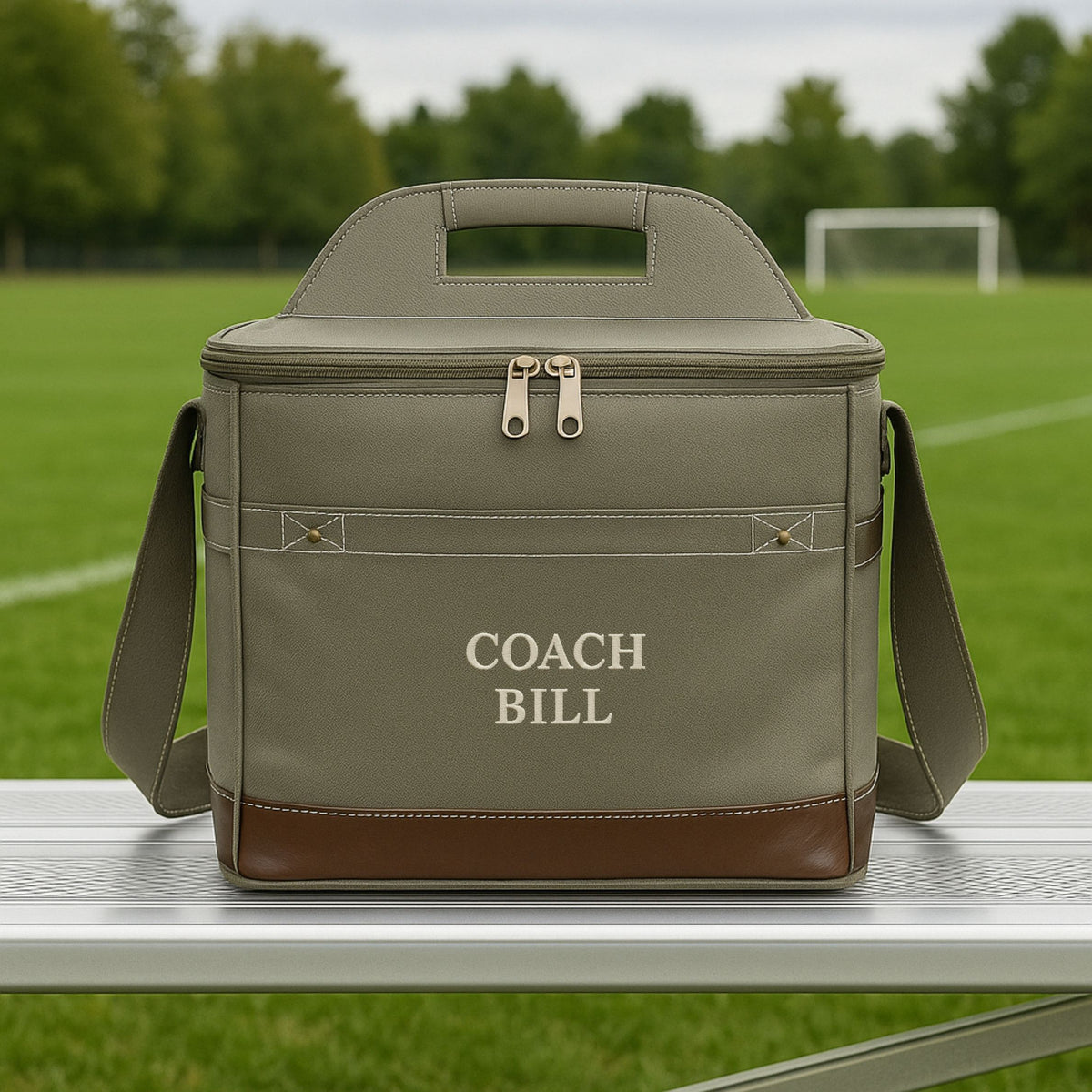 Custom insulated cooler bag for soccer coach with personalized name and durable handle on kitchen counter