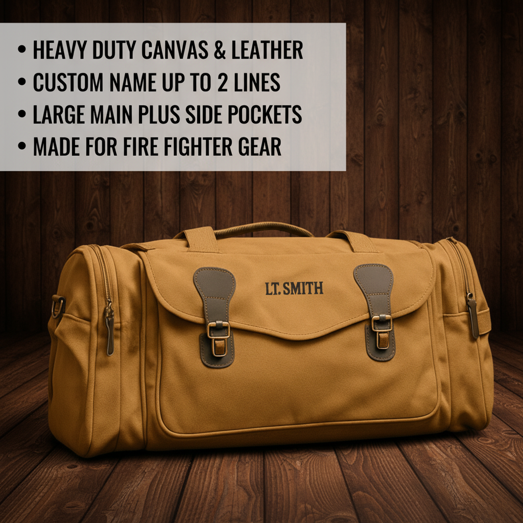 Tan canvas and leather duffle bag with sample personalization "LT. SMITH" embroidered on front flap, featuring side pockets and dual leather handles