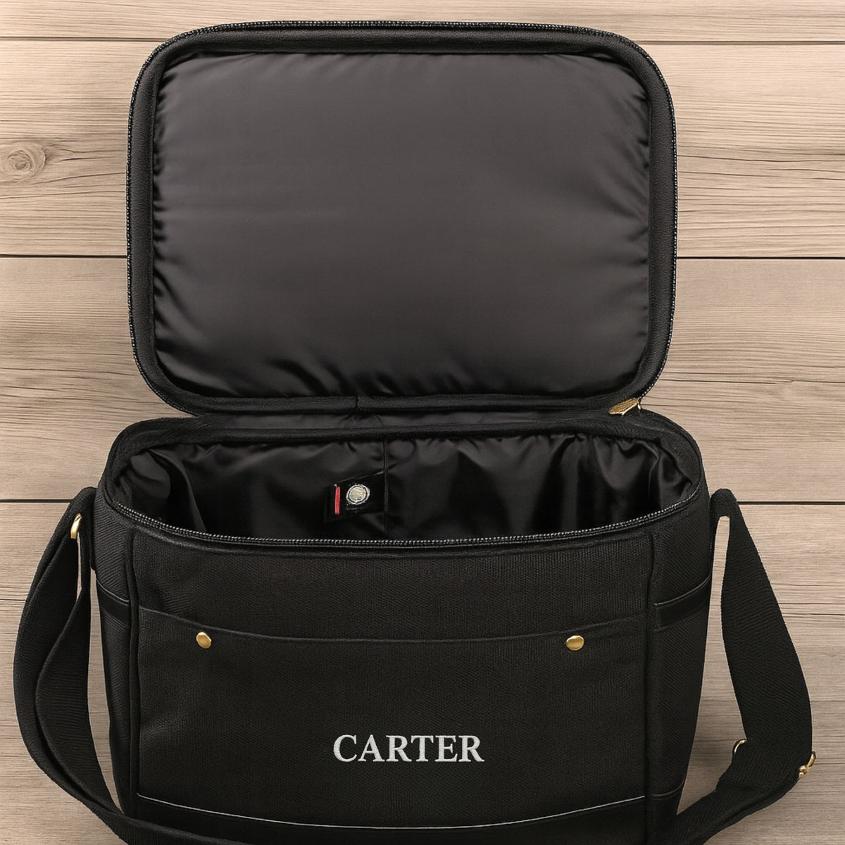 Custom insulated cooler bag for soccer coach with personalized name and durable handle on kitchen counter