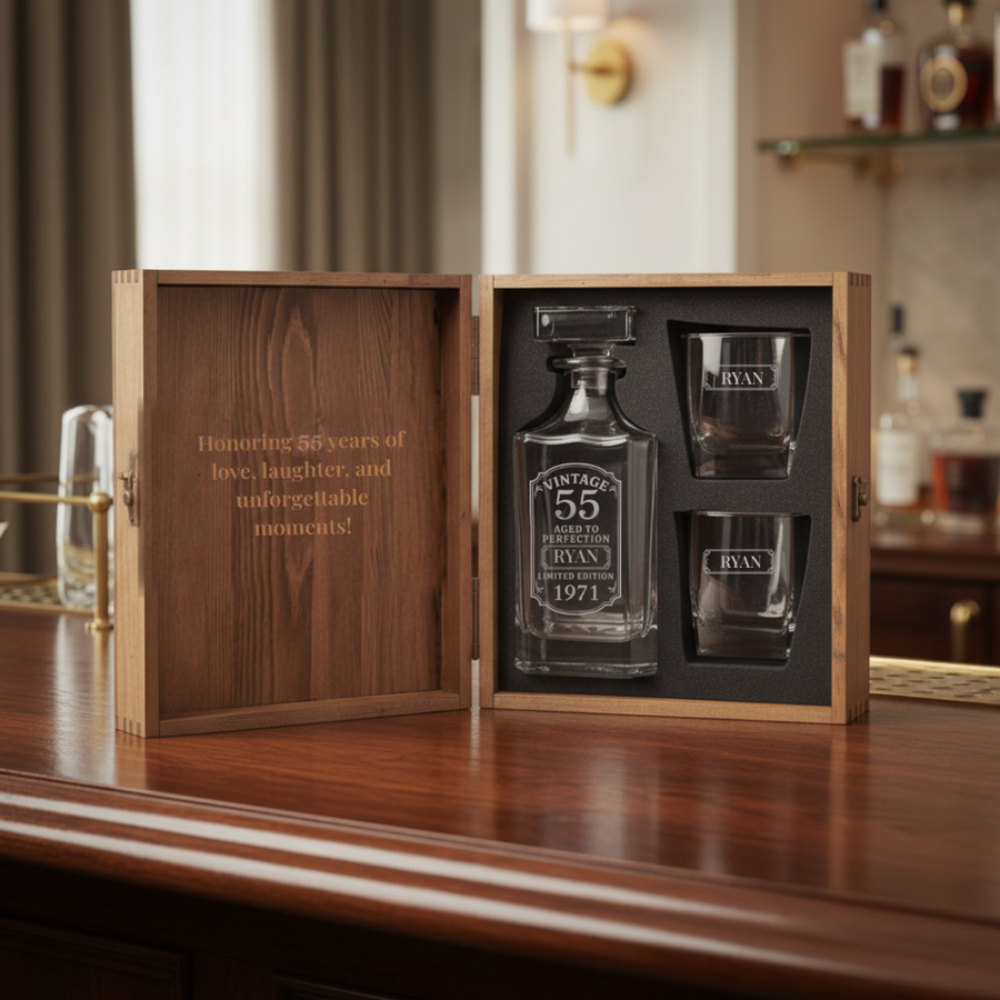 Personalized 55th birthday whiskey decanter set open in its pine gift box, engraved decanter and two rocks glasses with a secret message inside the lid